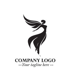 Elegant Black Angel Woman Silhouette Logo Symbol on White Background