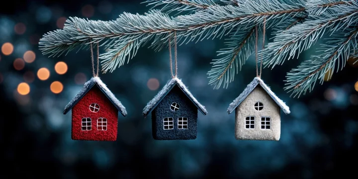 Hanging House Ornaments on Snowy Pine with Dark Blue Background