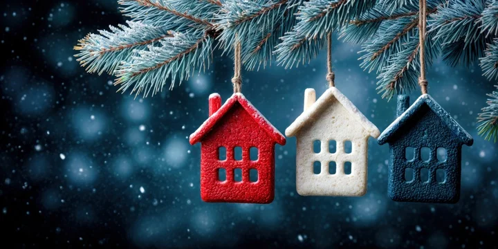 Winter Pine Branch with Bright Holiday House Decorations