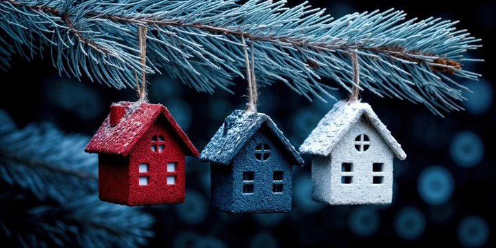Snow-Dusted Pine Branch with Hanging Holiday House Ornaments