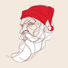 Artistic continuous line portrait of Santa Claus with flowing beard and red hat, ideal for Christmas branding, holiday cards, posters, and festive decor