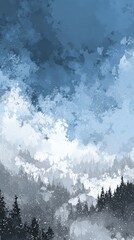 Serene Winter Landscape with Snowy Forest and Dramatic Sky