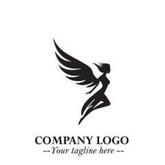 Elegant Black Angel Woman Silhouette Logo Symbol on White Background