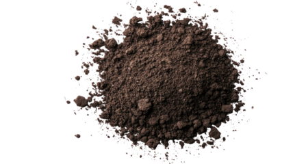 Pile of soil scattered with rough earthy texture, natural dark ground particles forming organic terrain fragments isolated on white background