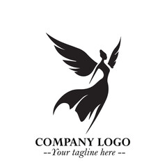 Elegant Black Angel Woman Silhouette Logo Symbol on White Background