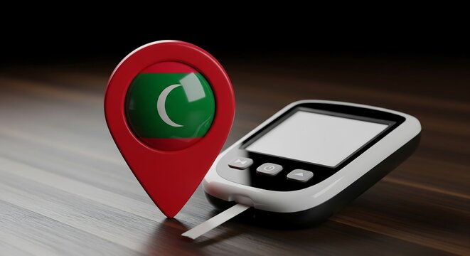 Maldives health initiative pin marker with diabetes glucose meter on wooden desk signifying national healthcare focus