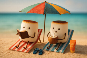 A marshmallow couple relaxing on a secluded beach on their long-awaited vacation - a cute miniature with a calming and warm mood