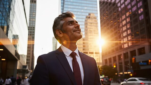 A man in a suit stands in an urban setting as the sun sets behind him, casting a warm glow. The man gazes upward, reflecting on the day amid the bustling city environment.