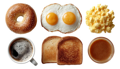 Breakfast Spread with Bagel, Eggs, Toast, Coffee, and Juice on Transparent Background