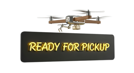 Modern drone technology ready for pickup service with neon signage isolated on transparent background