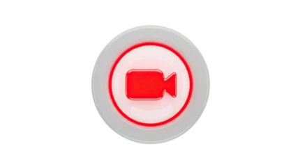 Red video camera icon inside a white oval button with a red border isolated on transparent background
