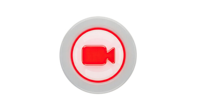 Red video camera icon inside a white oval button with a red border isolated on transparent background