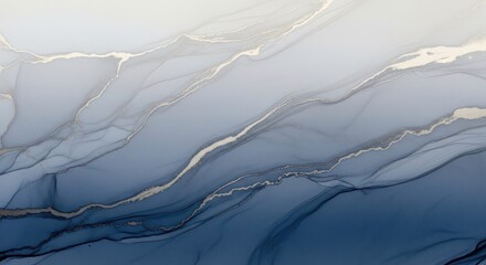 Abstract fluid art painting with blue and silver hues, featuring flowing lines and waves.