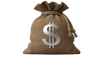 A realistic burlap money bag with a prominent silver dollar sign symbol on its surface isolated on transparent background
