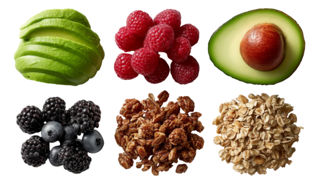 Fresh Avocado, Berries, Granola, and Oats on Transparent Background for Health Food