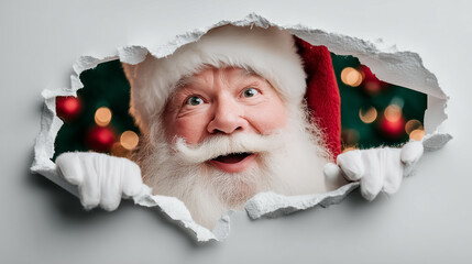 Santa Claus breaks through wall with joyful expression, fluffy white beard, and red suit. Cheerful holiday decorations in background create festive atmosphere