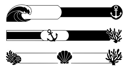 A collection of three black and white vector banners with nautical themes, including waves, anchors, corals, and seashells, perfect for text frames or dividers.