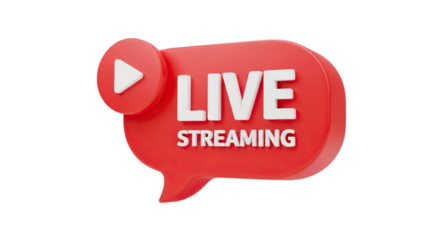 Red speech bubble icon with play button and live streaming text isolated on transparent background