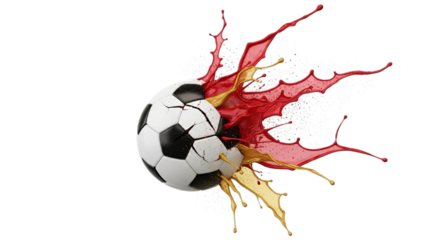 Dynamic soccer ball exploding with vibrant red and yellow paint splatter isolated on transparent background