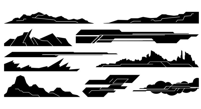 A collection of black and white abstract geometric silhouettes. Modern futuristic vector graphics for sci-fi landscapes, tech backgrounds, or racing decals.