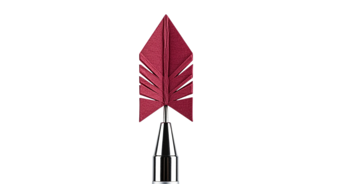 A deep red origami feather arrowhead with a metallic shaft isolated on transparent background