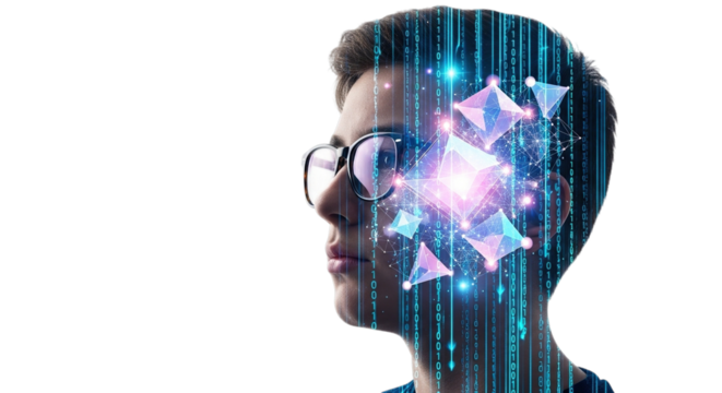 Young person wearing glasses with abstract digital brain overlay isolated on transparent background