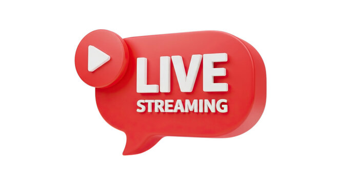 Red speech bubble icon with play button and live streaming text isolated on transparent background