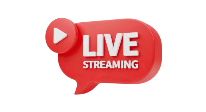 Red speech bubble icon with play button and live streaming text isolated on transparent background