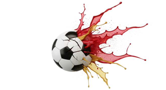 Dynamic soccer ball exploding with vibrant red and yellow paint splatter isolated on transparent background - Powered by Adobe