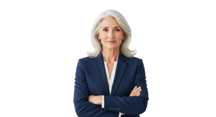 Confident mature businesswoman with gray hair wearing a navy blazer arms crossed isolated on transparent background