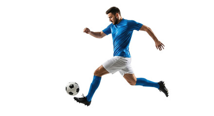 Dynamic male soccer player in blue uniform kicking ball isolated on transparent background