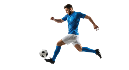 Dynamic male soccer player in blue uniform kicking ball isolated on transparent background