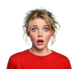 Surprised woman expresses emotions in environment portrait isolated on transparent background