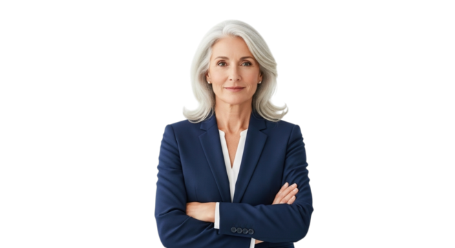 Confident mature businesswoman with gray hair wearing a navy blazer arms crossed isolated on transparent background