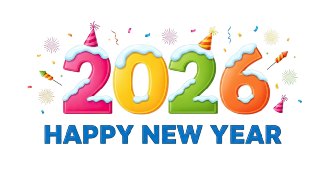 Colorful 2026 happy new year celebration with snow and fireworks isolated on transparent background