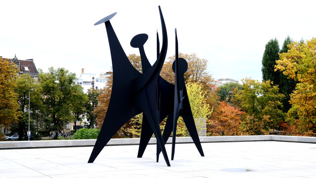 Berlin, Germany, October 16, Steel sculpture "Heads and Tails" by Alexander Calder on the freely accessible surface at the Neue Nationalgalerie