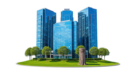 Obraz premium Modern blue glass skyscraper buildings surrounded by lush green trees and grass isolated on transparent background