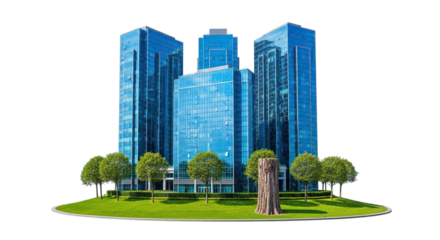 Modern blue glass skyscraper buildings surrounded by lush green trees and grass isolated on transparent background