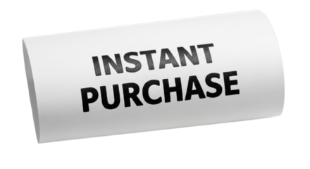 White label with black text reading instant purchase isolated on transparent background