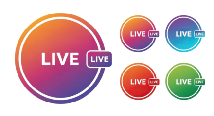 Collection of vibrant circular live stream icons with gradient colors isolated on transparent background