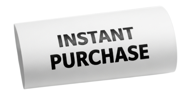 White label with black text reading instant purchase isolated on transparent background
