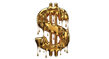 Molten gold dollar sign symbol dripping liquid metal isolated on transparent background