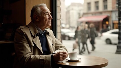 An elderly man sits thoughtfully by a cafe window, observing the bustling city street outside.