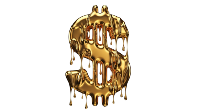 Molten gold dollar sign symbol dripping liquid metal isolated on transparent background