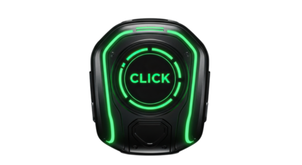 Futuristic glowing green neon button labeled click isolated on transparent background