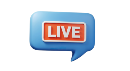 3d rendering of a blue speech bubble with a red live button isolated on transparent background