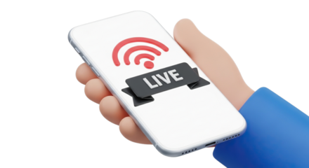Hand holding a white smartphone displaying a red live streaming signal icon and live text isolated on transparent background