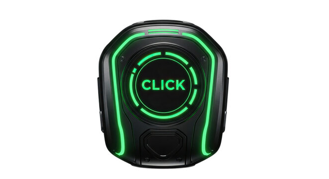 Futuristic glowing green neon button labeled click isolated on transparent background - Powered by Adobe
