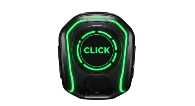 Futuristic glowing green neon button labeled click isolated on transparent background