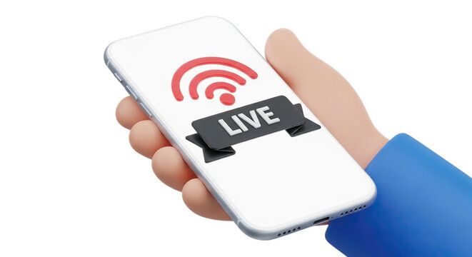 Hand holding a white smartphone displaying a red live streaming signal icon and live text isolated on transparent background